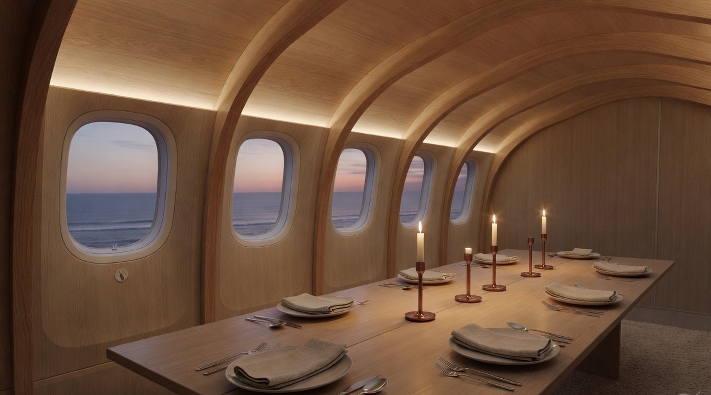 Long oak dining table set for eight beside the 777 window belt, copper candlesticks.