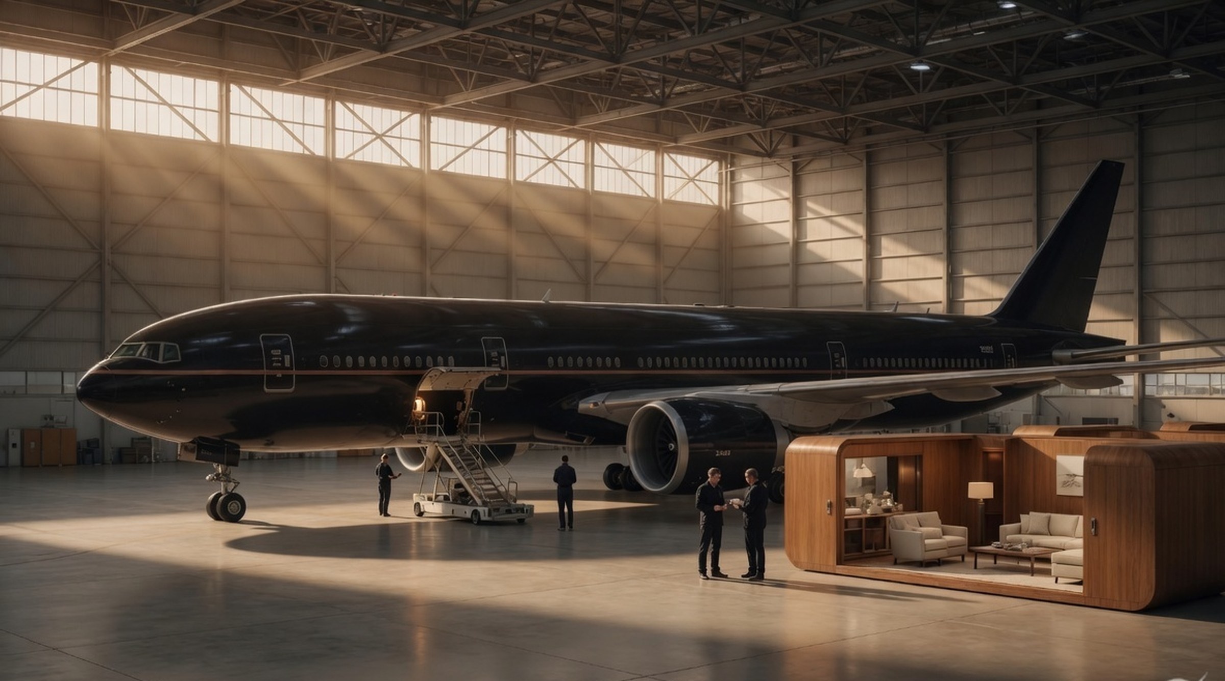 Antipodean hangar: a midnight 777-300ER with copper stripe, oak apartment modules on the floor, Tasman light through clerestory windows.