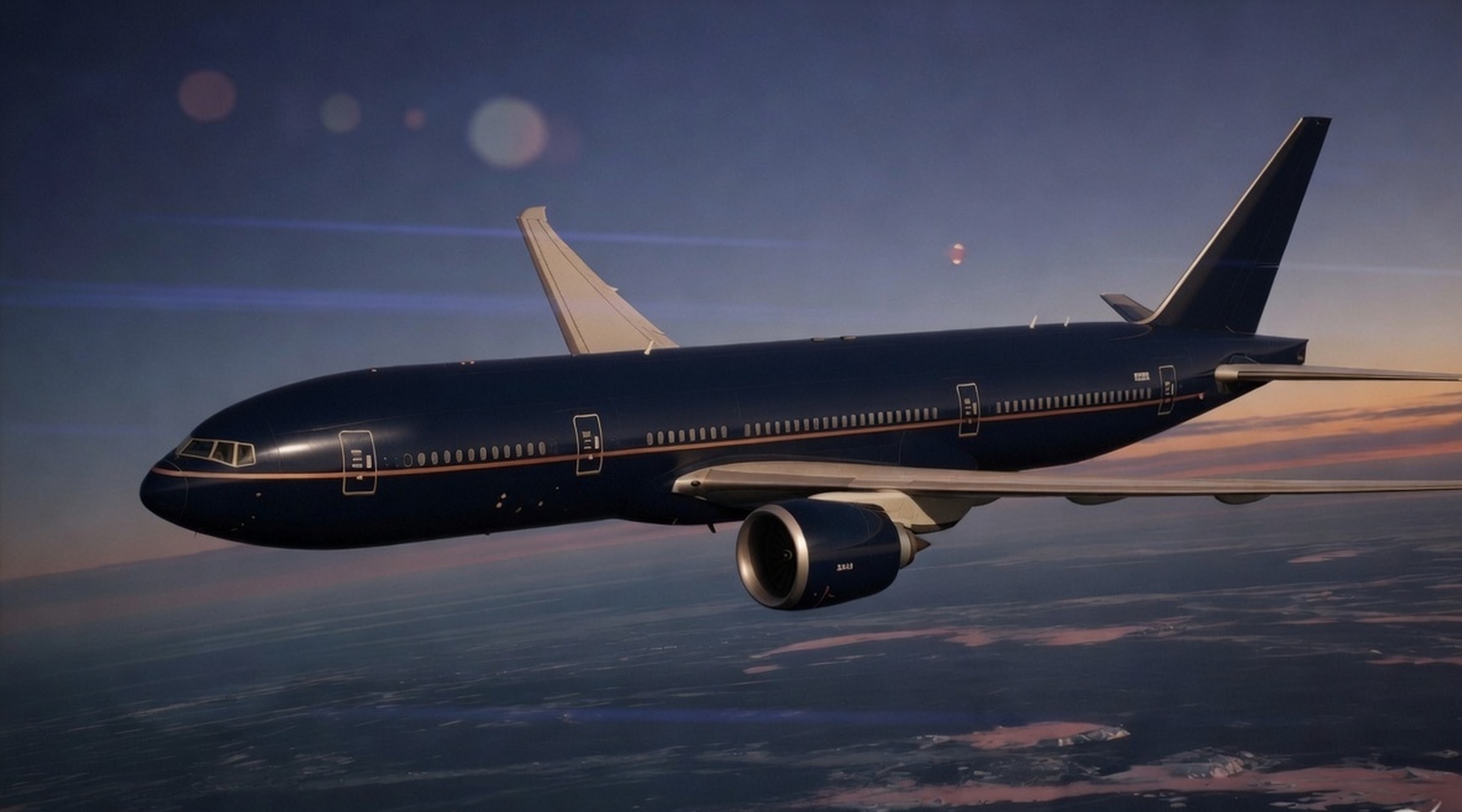 Antipodean 777-300ER in Nocturne livery: midnight Tasman fuselage, copper window-line, over the Southern Ocean at dusk.